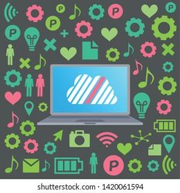 Cloud surrounded by abstract computer network with integrated circles and icons for digital, network, internet, connect, social media, communicate Infographic design background
