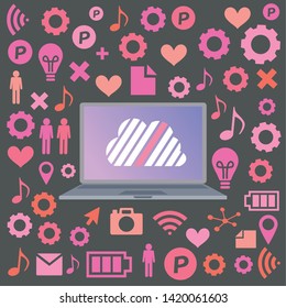 Cloud surrounded by abstract computer network with integrated circles and icons for digital, network, internet, connect, social media, communicate Infographic design background
