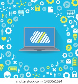 Cloud surrounded by abstract computer network with integrated circles and icons for digital, network, internet, connect, social media, communicate Infographic design background
