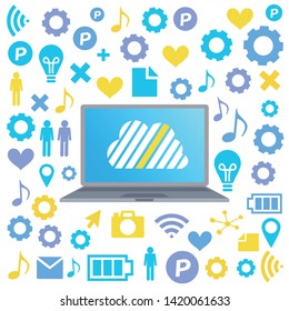 Cloud surrounded by abstract computer network with integrated circles and icons for digital, network, internet, connect, social media, communicate Infographic design background
