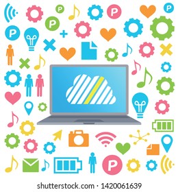 Cloud surrounded by abstract computer network with integrated circles and icons for digital, network, internet, connect, social media, communicate Infographic design background
