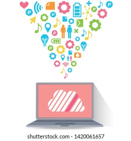 Cloud surrounded by abstract computer network with integrated circles and icons for digital, network, internet, connect, social media, communicate Infographic design background

