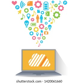 Cloud surrounded by abstract computer network with integrated circles and icons for digital, network, internet, connect, social media, communicate Infographic design background
