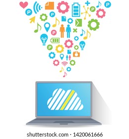 Cloud surrounded by abstract computer network with integrated circles and icons for digital, network, internet, connect, social media, communicate Infographic design background
