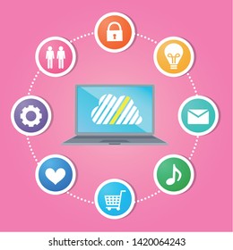 Cloud surrounded by abstract computer network with integrated circles and icons for digital, network, internet, connect, social media, communicate Infographic design background
