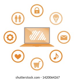 Cloud surrounded by abstract computer network with integrated circles and icons for digital, network, internet, connect, social media, communicate Infographic design background

