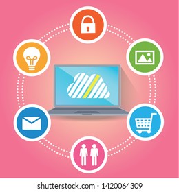 Cloud surrounded by abstract computer network with integrated circles and icons for digital, network, internet, connect, social media, communicate Infographic design background
