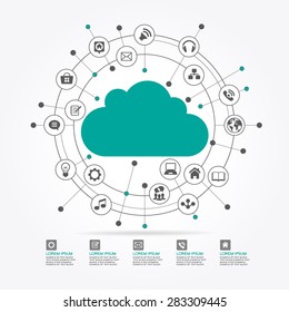 Cloud surrounded by abstract computer network with integrated circles and icons for digital,  network, internet, connect, social media, communicate Infographic design background