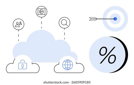 Cloud surrounded by internet icon, security lock, users, media play button, search, target with arrow, and percentage. Ideal for digital security, data management, cloud storage, online analytics
