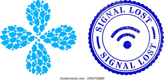 Cloud swirl flower with four petals, and blue round SIGNAL LOST textured stamp seal with icon inside. Object flower with 4 petals designed from oriented cloud symbols.