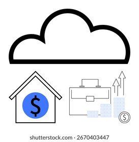 Símbolo de la nube sobre la casa con signo de dólar, maletín y gráficos de crecimiento financiero. Ideal para fintech, bienes raíces, desarrollo de negocios, estrategias de inversión, tendencias económicas, computación en nube