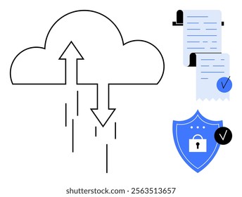 Cloud symbol with arrows, digital documents, and shield icon with lock and checkmark. Ideal for cloud storage, data security, document management, online privacy, and digital archiving. Simple modern