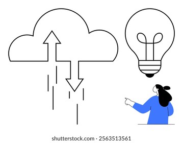 Cloud symbol with arrows and a light bulb above a person. Ideal for technology cloud computing innovation data transfer and new ideas. Simple modern stylized lines