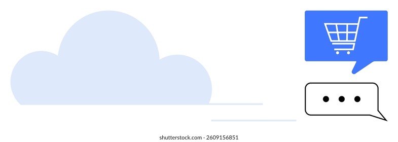 Cloud symbol with blue and black speech bubbles containing shopping cart and message icons. Ideal for e-commerce, online shopping, cloud computing, digital communication, customer support