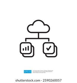 a cloud symbol connected to two boxes, one with a graph and the other with a checkmark, representing data management and analysis in cloud computing. Illustration line icon