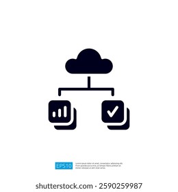 a cloud symbol connected to two icons representing data analysis and task completion, illustrating cloud computing and data management concepts. Illustration icon
