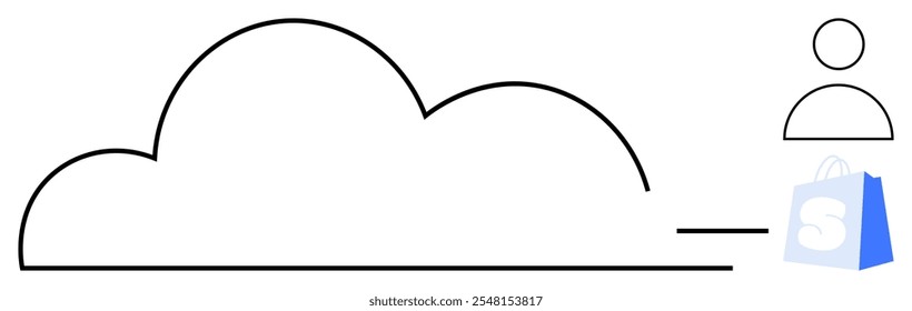 Cloud symbol connected to user icon and shopping bag. Ideal for data storage, e-commerce, user access, online shopping, digital services. Clean minimal style