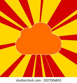Cloud symbol on a background of red flash explosion radial lines. The large orange symbol is located in the center of the sun, symbolizing the sunrise. Vector illustration on yellow background