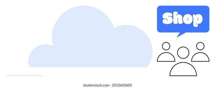 Cloud symbol with people icons below a shop speech bubble. Ideal for cloud storage, online shopping, customer interaction, technology and ecommerce themes. Simple and clear style