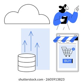 Cloud symbol, a person working with a tablet, data storage with arrows pointing upwards, and a smartphone with shopping cart and BUY button. Ideal for technology, business, cloud computing, data