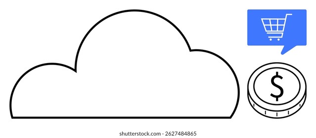 Cloud symbol with shopping cart icon in blue and dollar coin, representing online shopping, e-commerce, financial transactions, and cloud technology. Ideal for technology, finance, digital