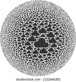 Cloud-Symbole sind in eine Kreiskollektion eingeteilt. Cloud-Symbol sphärisches Mosaik. Abstraktion sphärisches Blasenmosaik ist aus Cloud-Symbolen organisiert.