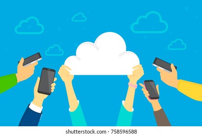 Cloud sync concept vector illustration of young men and women using smartphones happy downloading apps from cloud storage. Flat human hands hold cloud sign on blue background