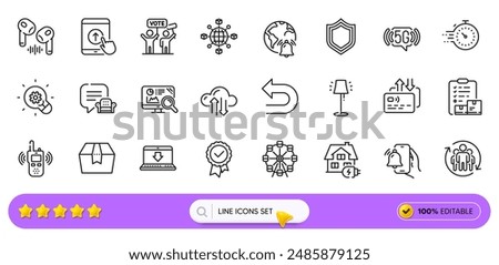 Cloud sync, Ferris wheel and Card line icons for web app. Pack of Stand lamp, Seo analytics, Alarm clock pictogram icons. Teamwork, Tested stamp, Timer signs. 5g wifi, Lounge place. Search bar. Vector