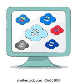 Cloud Sync icon on computer monitor, hand drown, simple style design - Vector Illustration.