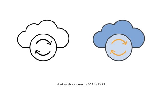 Cloud sync icon with a cloud and two circular arrows in outline and color styles, perfect for cloud data synchronization and file backup design.