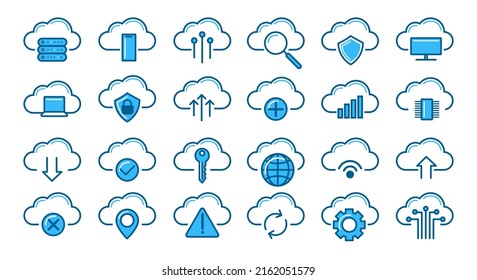 Cloud sync icons. Computer clouds technology symbols storage for save transfer error problem, internet synchronization system pictograms, network folder data hosting signs