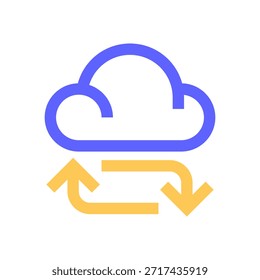 Icono de línea de sincronización en la nube, símbolo de esquema para integración de datos, uso compartido de archivos, Actualizar en tiempo real, almacenamiento en línea y conexión de dispositivos. Icono de signo de Vector.