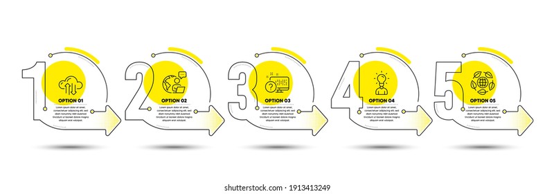 Sincronización en la nube, juego de preguntas en línea e iconos de línea de educación. Información del proceso de línea de tiempo. Signo ecológico ecológico. Sincronizar almacenamiento, soporte Web, idea humana. Ingredientes biológicos. Conjunto de ciencia. Vector