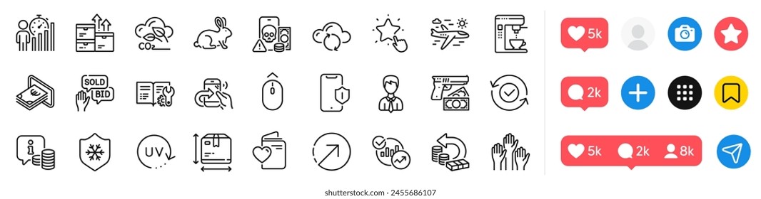 Cloud sync, Uv protection and Bid offer line icons pack. Social media icons. Share call, Robbery, Cash web icon. Direction, Love document, Ranking star pictogram. Vector