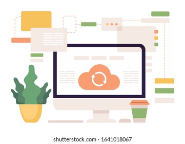 Cloud synchronisation. Computer cloud services, network computing technology users network vector flat illustration