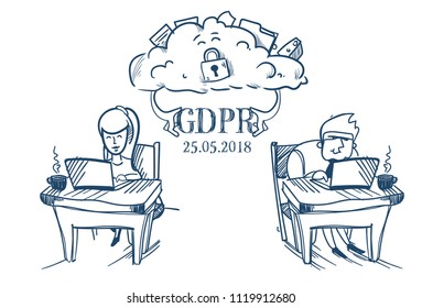 Cloud-Synchronisierungsteam arbeitet zusammen Büroschreibtisch Allgemeine Datenschutz-Verordnung GDPR-Server-Sicherheitsdienst auf weißem Hintergrund, handgezeichnet Vektorgrafik