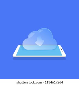 cloud synchronization icon mobile data storage application blue background flat vector illustration