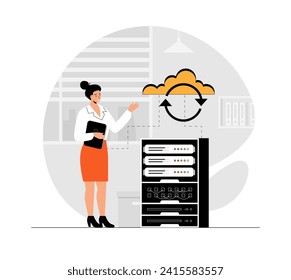 Cloud synchronization. Cloud storage. Digital file organization service or app with data transferring. Illustration with people scene in flat design for website and mobile development.	
