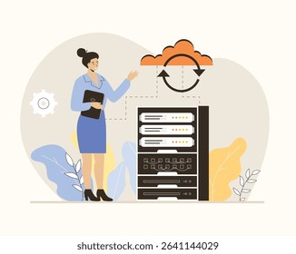 Cloud synchronization. Cloud storage. Digital file organization service or app with data transferring. Flat vector illustration.	
