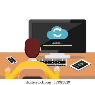 Cloud syncing process on desktop screen concept. Person working on computer. Modern flat design for Web Banner , Website Element , Brochures, or Book cover