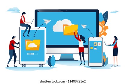 Cloud system. Big data. online network. Flat cartoon miniature  illustration vector graphic on white background.
