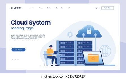 Cloud system concept, data center, data storage, cloud storage, computing technology flat illustration vector banner