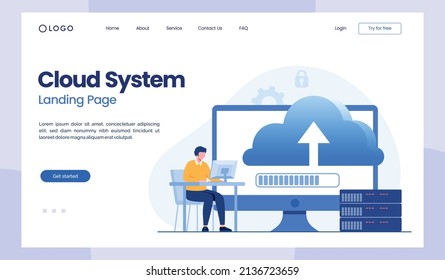 sistema en la nube, descarga de archivos, concepto de protección de bases de datos, centro de datos, administración de archivos, plantilla de página de aterrizaje de vector de ilustración plana