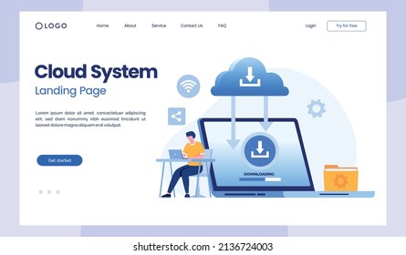 cloud system, file download, database protection concept, data center, file management, flat illustration vector landing page template