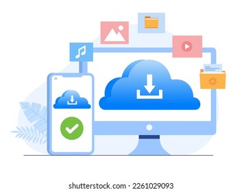 Cloud system, file download, database protection concept, data center, file management, flat illustration vector banner