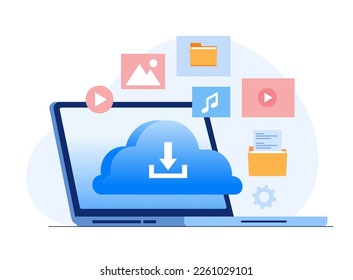 Sistema en la nube, descarga de archivos, concepto de protección de bases de datos, centro de datos, administración de archivos, banner vectorial de ilustración plana