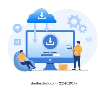 Cloud system, file download, database protection concept, data center, file management, flat illustration vector landing page template