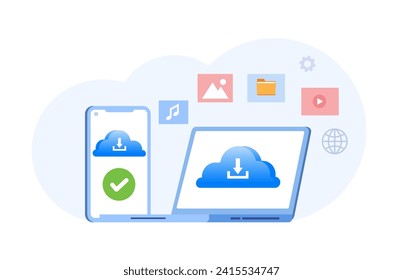 Cloud system, file download, database protection concept, data center, file management, flat illustration vector banner