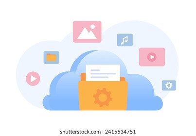 Sistema en la nube, descarga de archivos, concepto de protección de bases de datos, centro de datos, administración de archivos, banner vectorial de ilustración plana