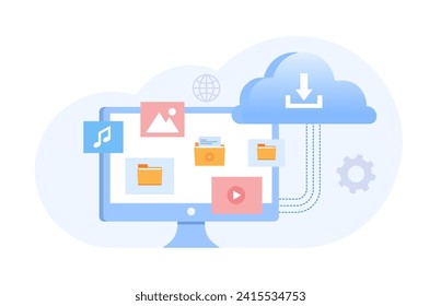 Cloud system, file download, database protection concept, data center, file management, flat illustration vector banner